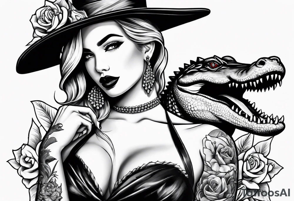 Dagger with an alligator and topless pinup girl tattoo idea