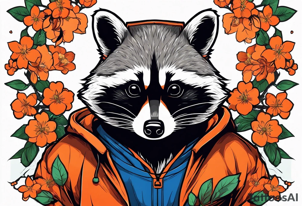raccoon wearing a Superman hoodie with orange cherry blossoms tattoo idea