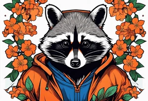 raccoon wearing a Superman hoodie with orange cherry blossoms tattoo idea