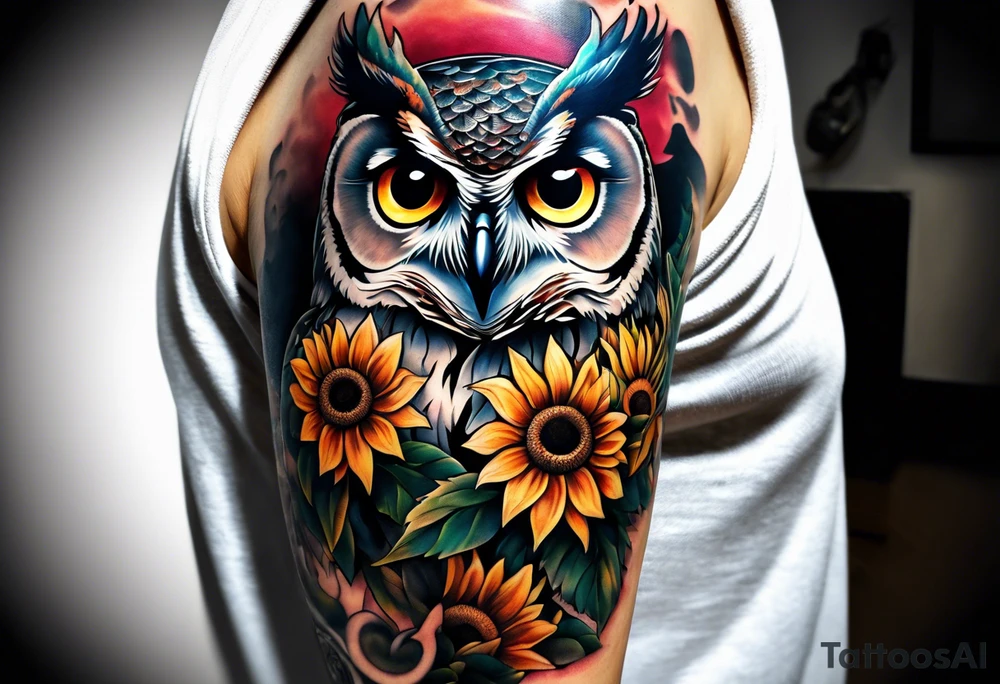 Sleeve with an owl, sunflower and butterfly tattoo idea