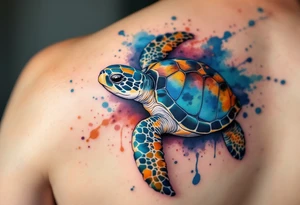 Sea turtle with watercolor background splashes tattoo idea