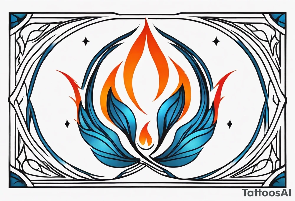 Twin flame symbol. Tattoo should be the size of a half dollar. Symbol should be minimalistic and have clean lines. Give it fire. Straight clean line border around the fire. Fire color is blue intertwined with orange and red. tattoo idea