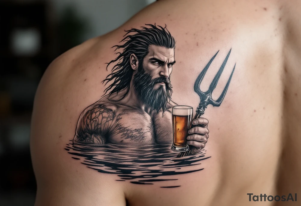young, happy, fit poseidon in calm water, holding a trident, drinking a beer, with sunset tattoo idea