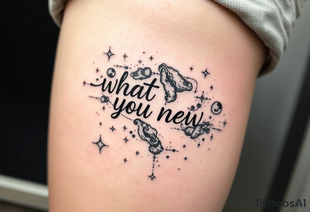 “what happens now?” surrounded by space nebula and stars tattoo idea