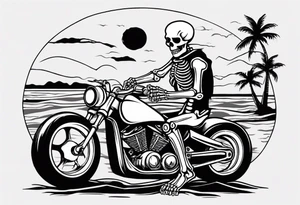 A skeleton riding a motorcycle on the beach drinking a beer tattoo idea