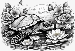 Mom and 2 baby sea turtle tattoos with 4 water lilies tattoo idea