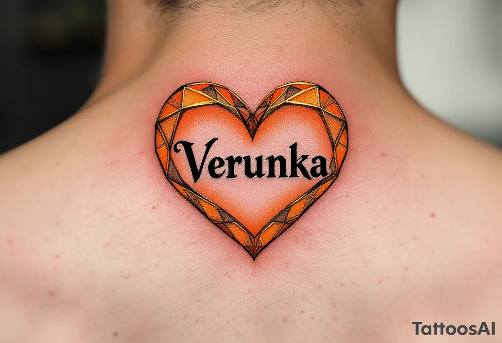 A soft orange heart outlined in gold, framing the name Verunka. tattoo idea