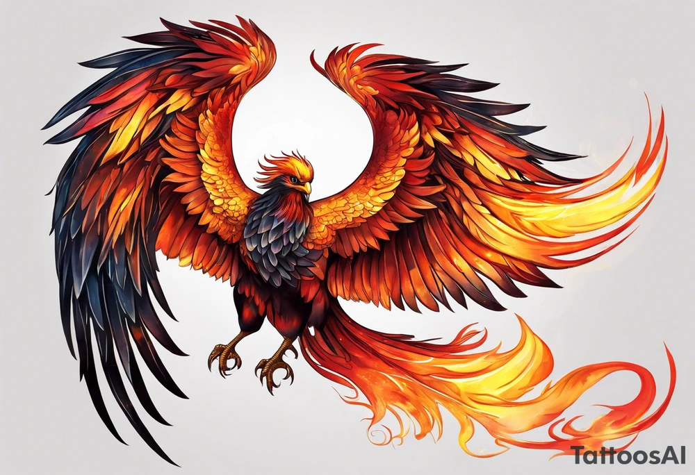 beautiful phenix, rising from fire and ash, signaling rebirth, renewal, beautiful, intricate, orange, red, deep red, bright orange, light yellow,. dark yellow, tattoo idea