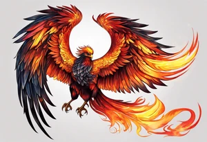 beautiful phenix, rising from fire and ash, signaling rebirth, renewal, beautiful, intricate, orange, red, deep red, bright orange, light yellow,. dark yellow, tattoo idea