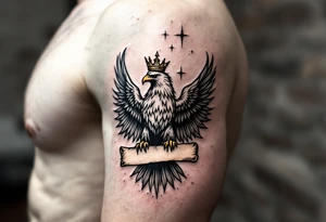 The eagle with golden crown gripping an ancient parchment slightly burnt, giving it an aged and mystical appearance. tattoo idea