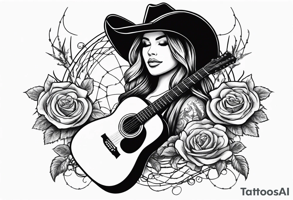 Country acoustic guitar with cowboy hat, barbed wire and roses in background tattoo idea