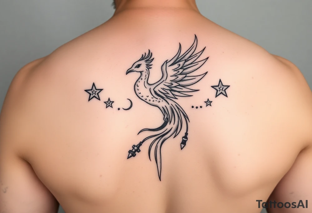 Phoenix rising from flames, surrounded by ninja stars and ballistic missiles, semicolon integrated into the design, fine line black ink, minimalist but dramatic but dainty tattoo idea