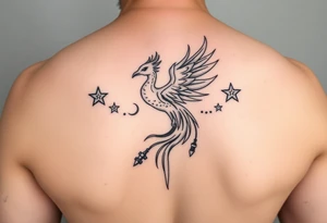 Phoenix rising from flames, surrounded by ninja stars and ballistic missiles, semicolon integrated into the design, fine line black ink, minimalist but dramatic but dainty tattoo idea