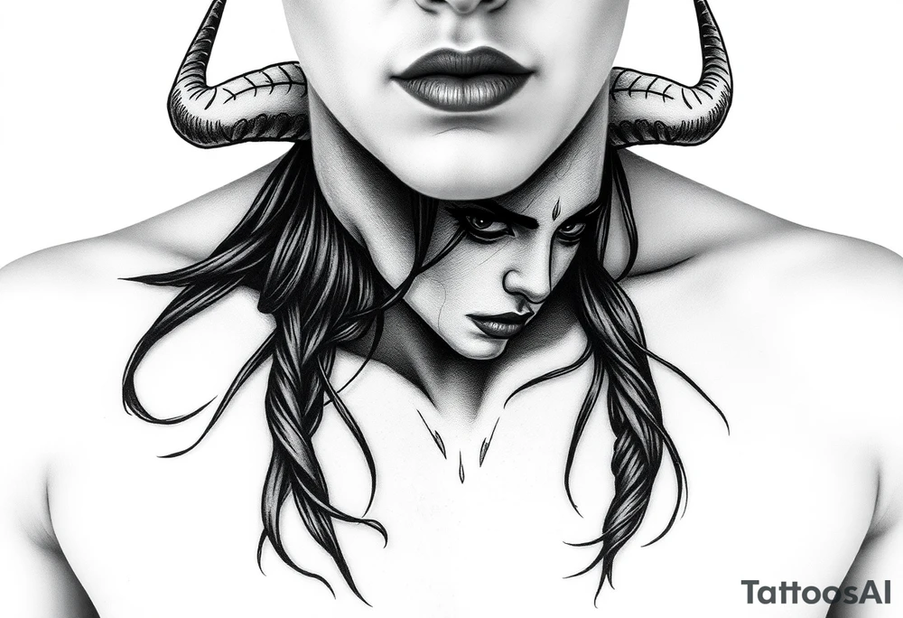 Feminine Tattoo dark female warrior with horns just barley touching collarbone with a lot of shading tattoo idea