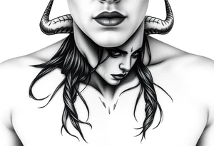 Feminine Tattoo dark female warrior with horns just barley touching collarbone with a lot of shading tattoo idea
