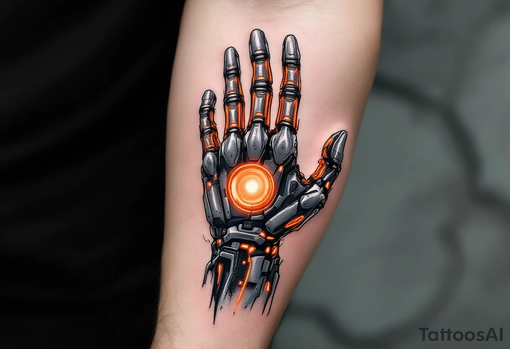 A half-human, half-robot hand in skin-tone fading into steel grey with glowing orange veins. tattoo idea