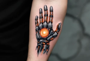 A half-human, half-robot hand in skin-tone fading into steel grey with glowing orange veins. tattoo idea