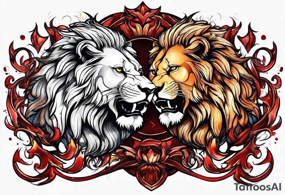 Two different colored lions fighting each other with blood tattoo idea