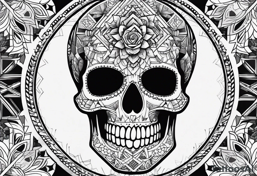 skull with geometric icons looks like a mandala tattoo idea