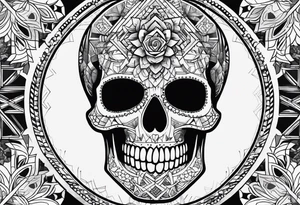 skull with geometric icons looks like a mandala tattoo idea