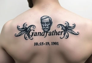 A Small tattoo , on the shoulder traps , representing grandfather and date of death, could be in German tattoo idea