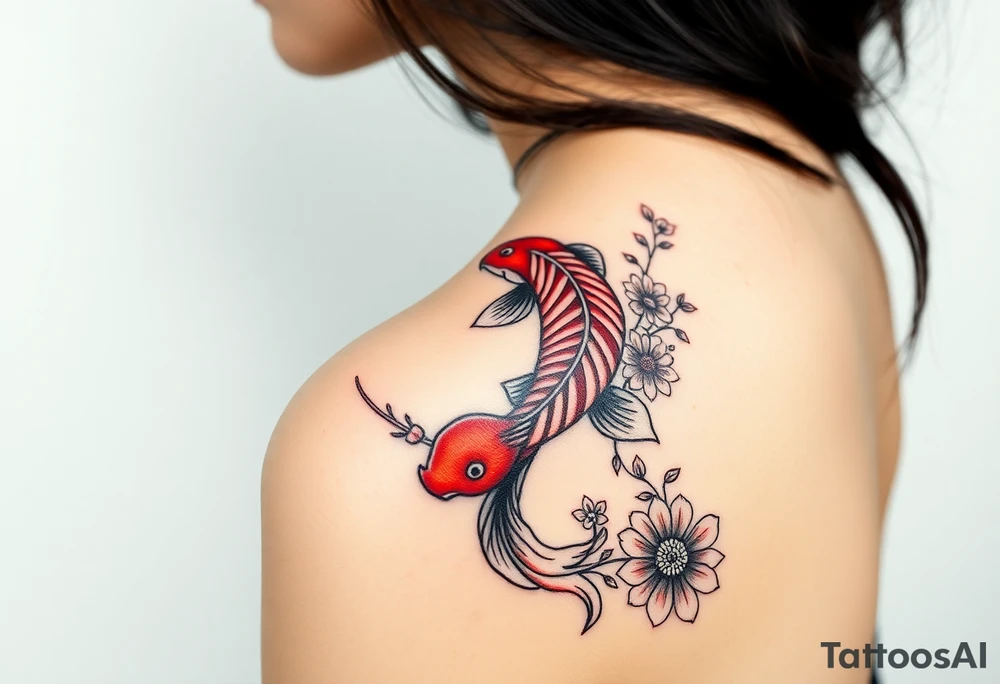 I want the tattoo starting at my collar bone, and I want it to go down my arm, but doesn’t go past my elbow. I want my middle name, Sané” on my collarbone area and I want the red and black koi fish too on my shoulder area. And I want flowers that represent healing, happiness, and peace and purity. tattoo idea