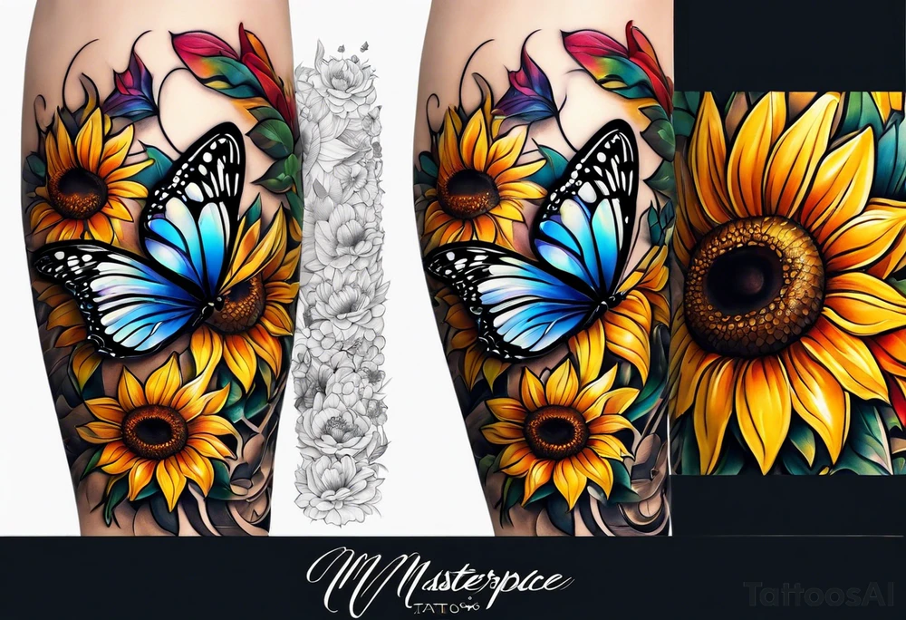 Arm sleeve with sunflowers and butterflies tattoo idea