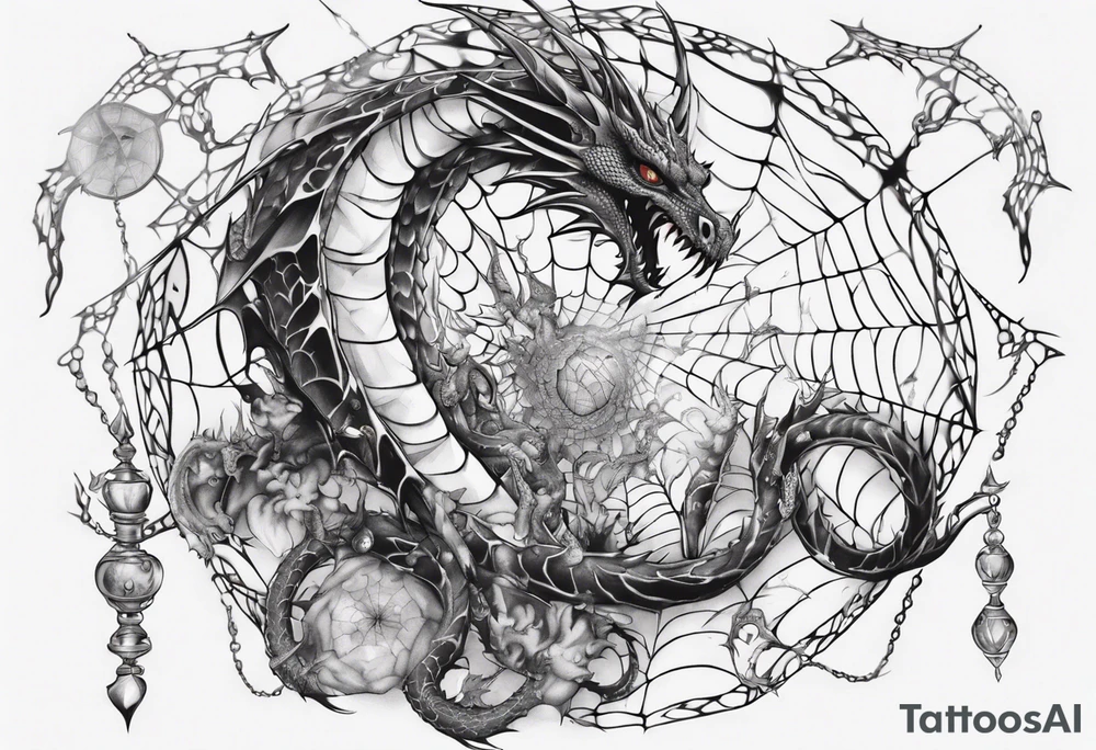 Dragon in a spiral spiderweb with jewels and shattered chalices and one spider tattoo idea
