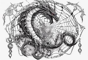Dragon in a spiral spiderweb with jewels and shattered chalices and one spider tattoo idea