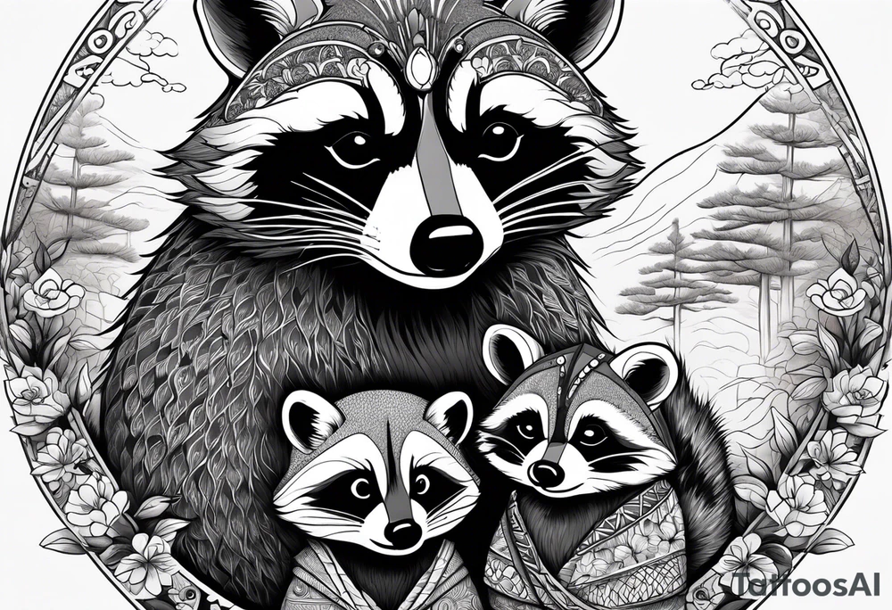Very detailed Raccoon Husband with wife and child.
Background modern House between woods tattoo idea