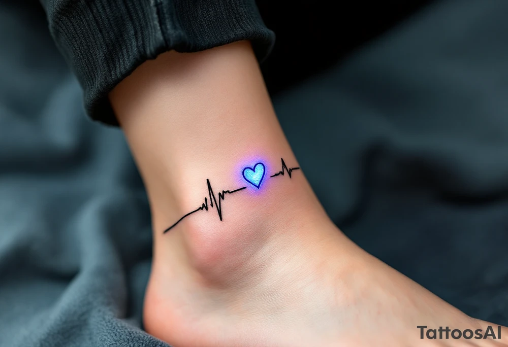 A subtle black EKG line wrapping around the ankle, punctuated by a small, glowing blue heart. tattoo idea