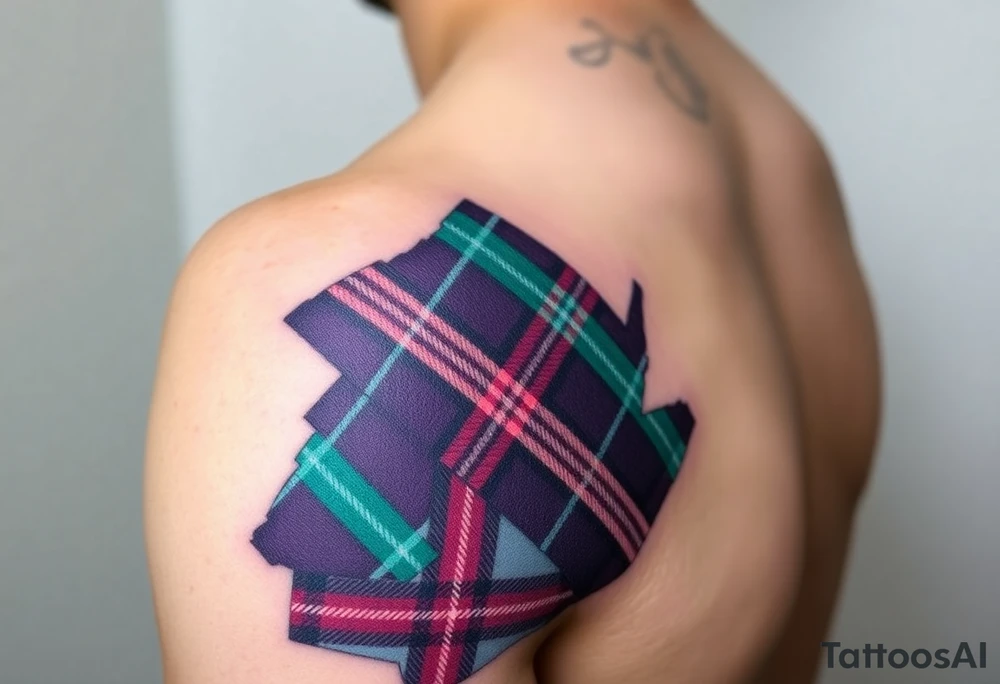 Side of arm Dark Purple with green pink blue and white highlights tartan fabric with skin peeling away at edges tattoo idea