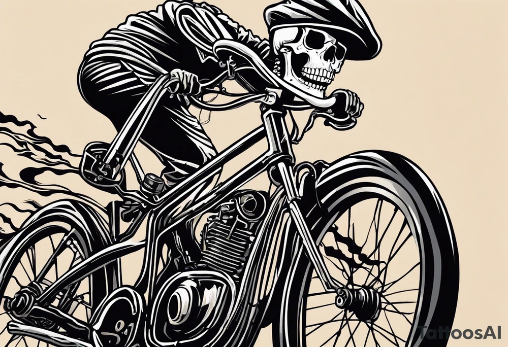 Lifelike skeleton wearing licra and cap rides a road bicycle. The skeleton is grinning at the viewer. There is no background image tattoo idea