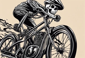 Lifelike skeleton wearing licra and cap rides a road bicycle. The skeleton is grinning at the viewer. There is no background image tattoo idea