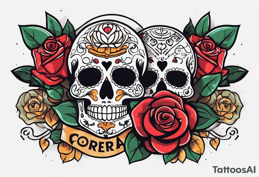 dia de los muertos skulls with money roses with the name CORREA tattoo idea