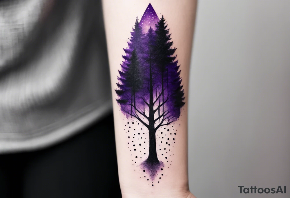 forest, purple and black, from wrist to forearm, fully covered, no borders, blackwork tattoo idea