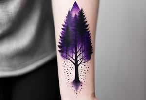 forest, purple and black, from wrist to forearm, fully covered, no borders, blackwork tattoo idea