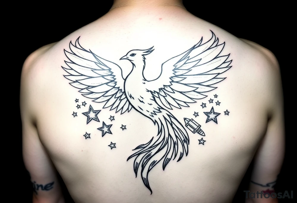Phoenix rising from flames, surrounded by ninja stars and ballistic missiles, semicolon integrated into the design, fine line black ink, minimalist but dramatic”

The semicolon tucked into the phoenix wing or tail would be chef’s kiss — subtle but loaded with meaning for anyone who knows. tattoo idea