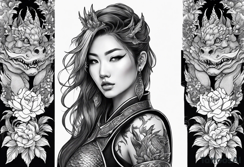 beautiful warrior woman wearing dragon armor and a floral background and a dragon a full picture tattoo idea