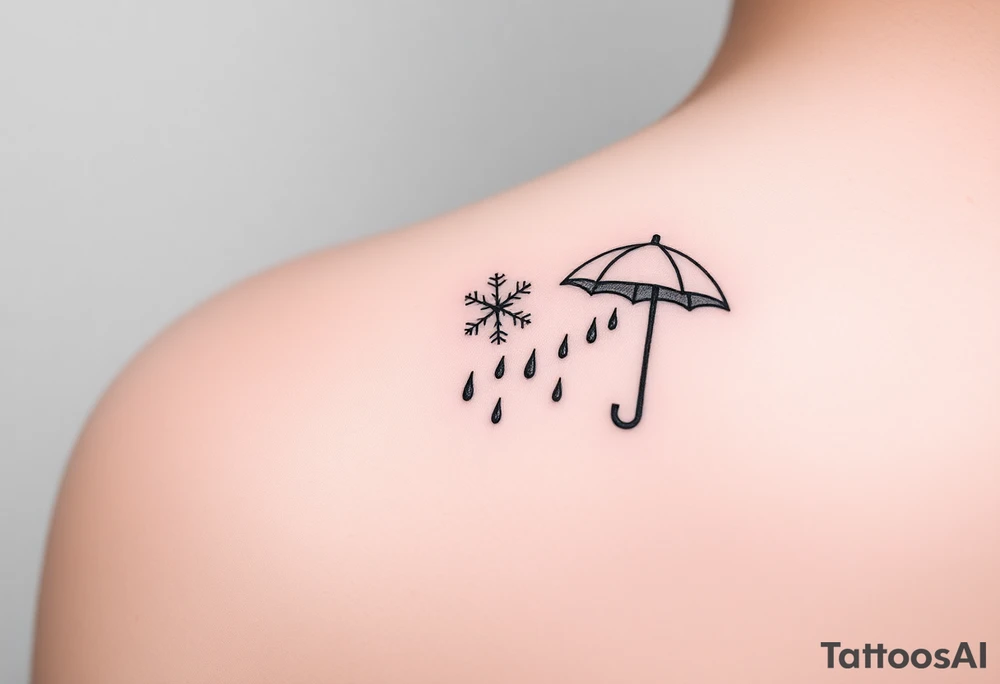 A snowflake melting and turning into rain drops and the rain drops being stopped by an umbrella tattoo idea