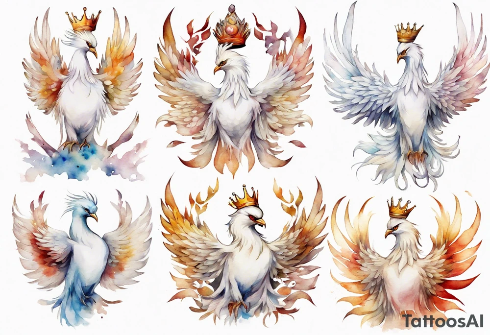 a white phoenix wearing a crown tattoo idea