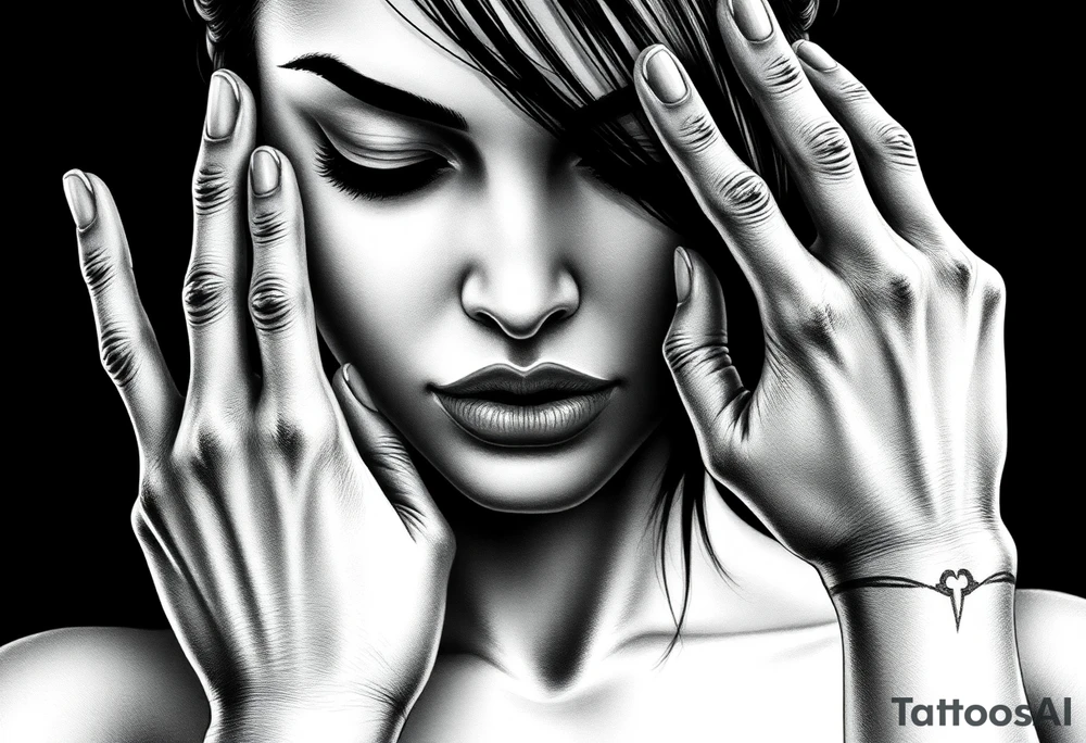 Black and grey realism tattoo design of a beautiful woman's face. Both her eyes  closed  (see no evil), her lips are stiched shit like sown with needle and thread like nightmare befire christmas (speak no evil). With her right hand covering her right ear and the left covering  Her left ear The style is black and grey realism, hyper-realistic, dark, and evil. Incorporate ninja gear elements and mechanical details (gears) subtly into the background or clothing for a gear ninja evil look. Design for a full forearm sleeve placement tattoo idea