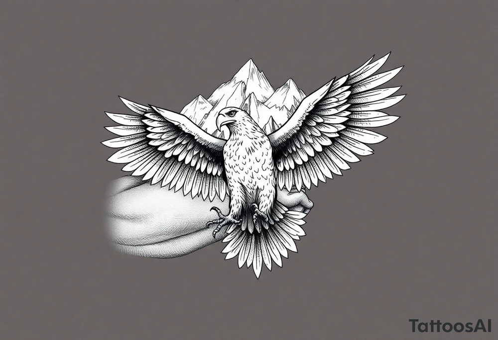 majestic eagle spreading wings against mountain peaks tattoo idea