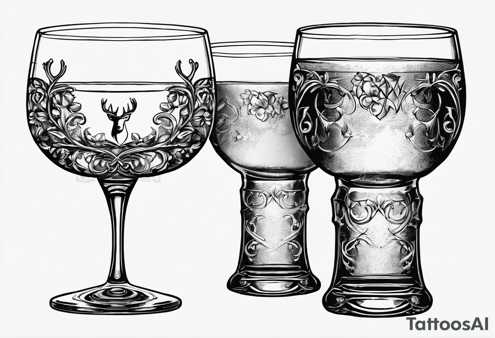two glasses cheersing, one glass has a shamrock on it, the others a set of antlers tattoo idea