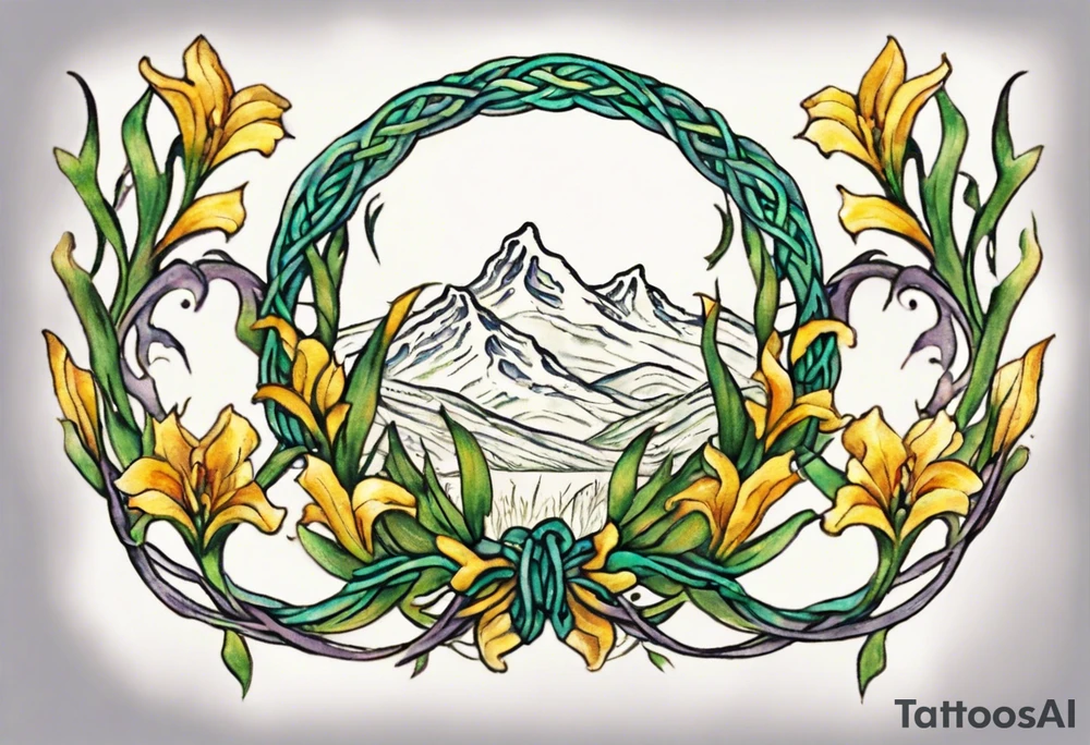 Create a small, colorful Vincent van Gogh Irises tattoo in the form of a crescent, with vines in Celtic knot style gracefully intertwining at a central point in the middle of the wreath. The intended placement is on the upper chest. The middle needs mountains. The overall design should be small in size while maintaining a delicate and artistic aesthetic. Pay attention to the graceful flow of the vines and the placement of the irises to achieve a refined and elegant look. tattoo idea