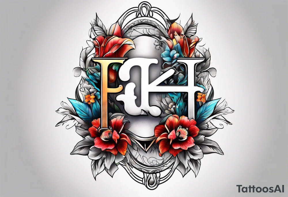 444 with letter F behind it and flowers tattoo idea