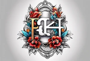 444 with letter F behind it and flowers tattoo idea