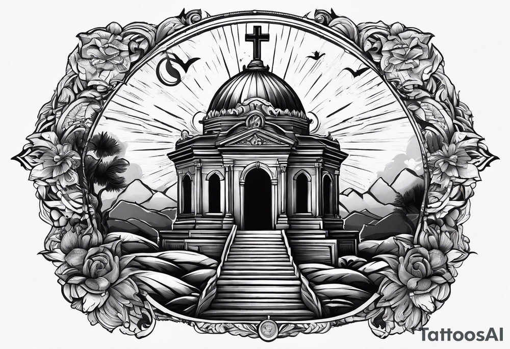 Tomb with cross and sun in the background tattoo idea
