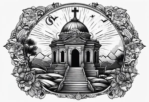 Tomb with cross and sun in the background tattoo idea