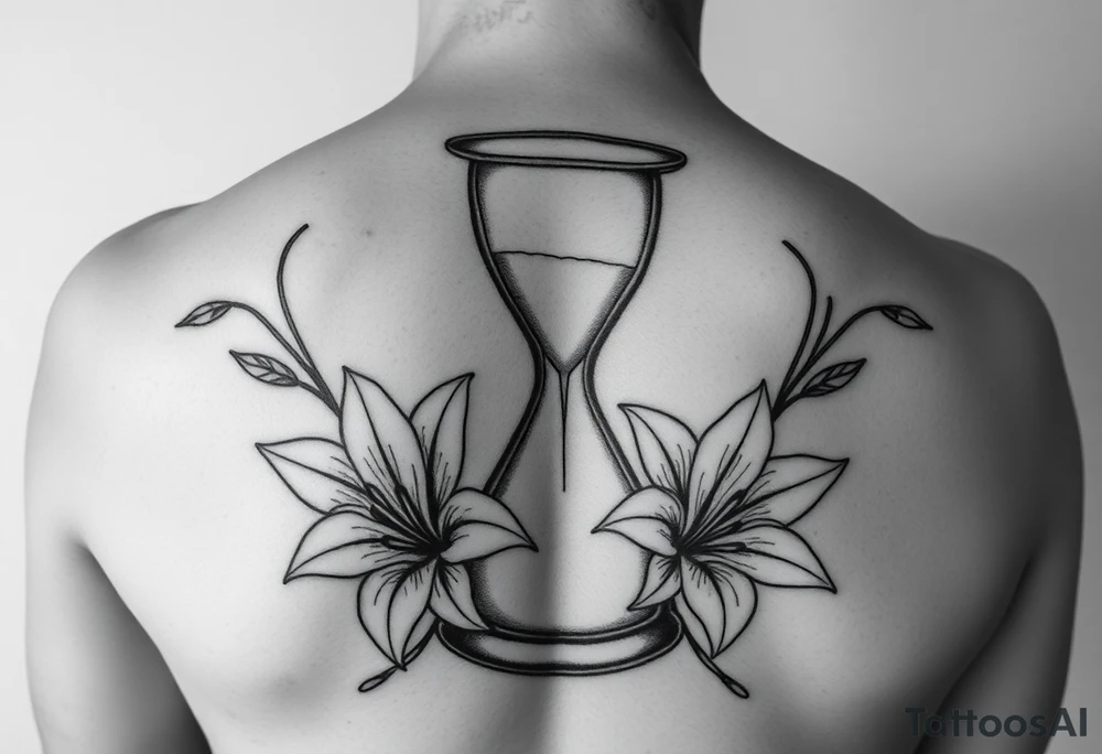 Hourglass, lillies, realistic, black and white tattoo idea